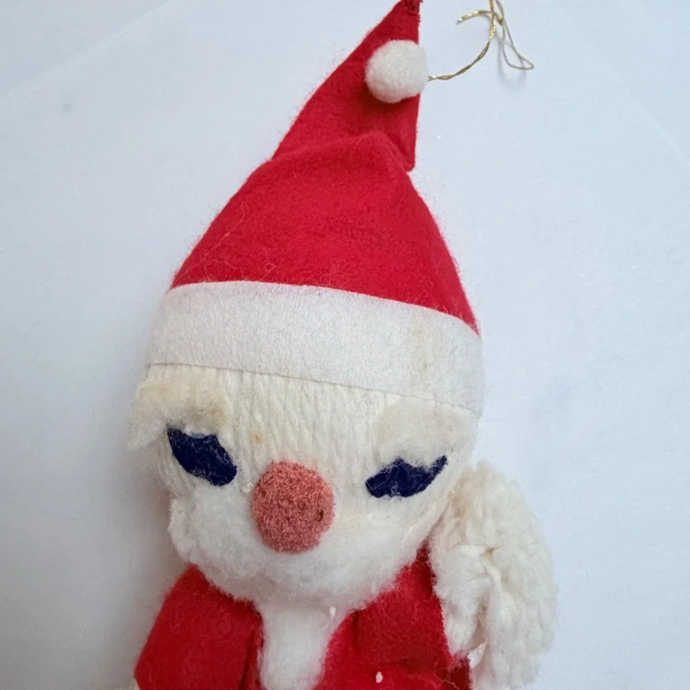 Vintage Christmas Yarn Doll Santa Ornament Red Felt Made in Japan Mid Century